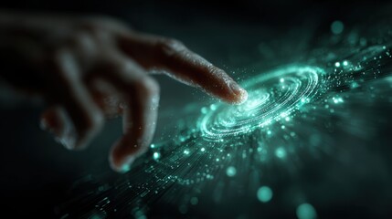 Conceptual visualization of harnessing the power of big data, a hand pointing to a holographic interface displaying real-time network data, the human touch to the vast, interconnected world big data.
