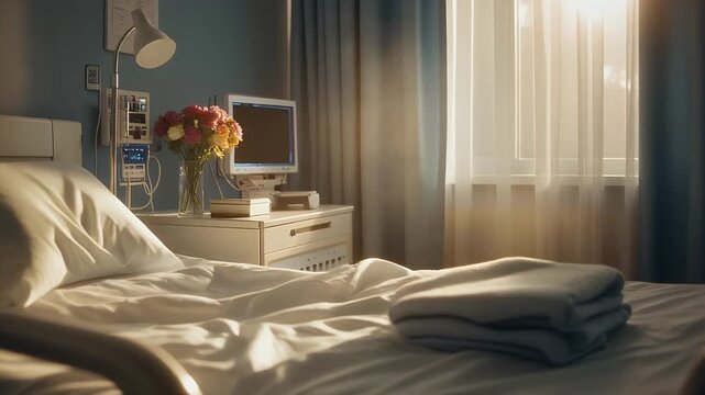Cozy hospital room with fresh flowers on the bedside table