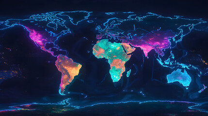 Vibrant global map at night with colorful city lights shining brightly worldwide