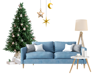 comfortable living room interior with a christmas tree, sofa, table lamp, and decorations creating a festive holiday atmosphere