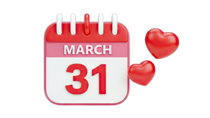 March 31st Calendar with Red Hearts - Valentine's Day