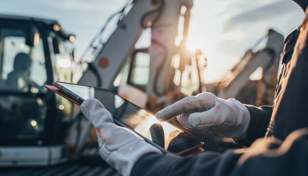 建設現場でデジタル端末を確認する作業員　スマート施工のイメージ