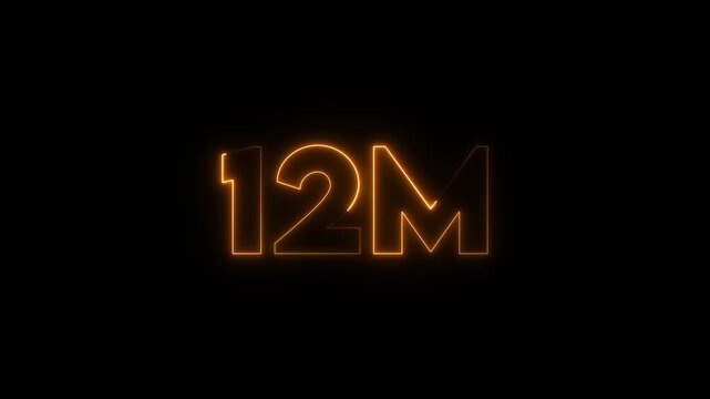 neon glowing red 12m one million text number animation, social media views counter -12m views 12M views text animation, 12m number 4k video animation 12M text animation on black background.
