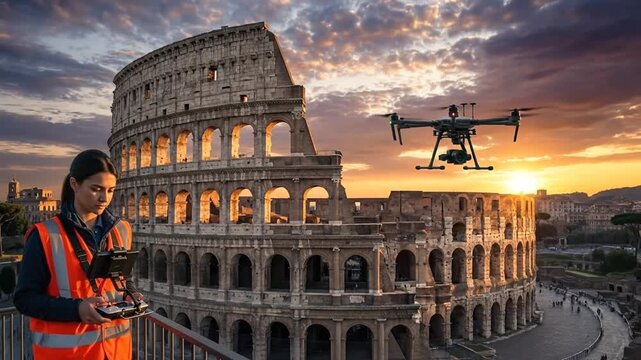 Drone flying near the Colosseum in Rome, Italy, with a woman operating the drone.
