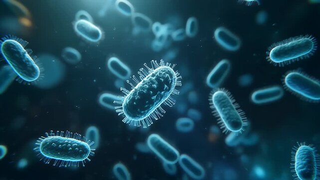 Microscopic view of glowing bacteria in motion