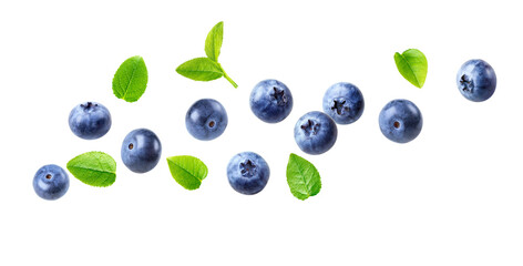 vibrant photograph of fresh blueberries with green leaves scattered on a black backdrop, ideal for...