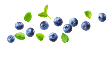 vibrant photograph of fresh blueberries with green leaves scattered on a black backdrop, ideal for healthy eating or organic food concept designs