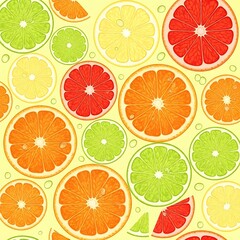 Obraz premium A vibrant, repeating pattern of citrus fruits. Sliced oranges, grapefruits, limes, and lemons fill the yellow backdrop