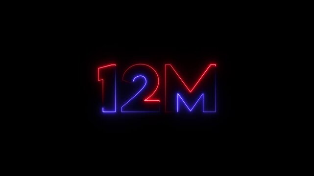neon glowing red 12m one million text number animation, social media views counter -12m views 12M views text animation, 12m number 4k video animation 12M text animation on black background.