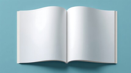 Open blank magazine pages, template mockup for graphic design. Clean white spread, minimalist layout for advertisement, book, album presentation. Tabletop workspace concept with.