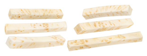 a close up photograph capturing several pieces of raw celeriac root, peeled and cut into sticks, ready for cooking or snacking, showcasing their texture