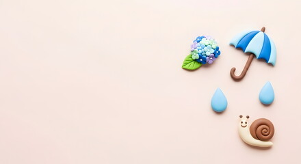 梅雨の紫陽花とカタツムリと傘のかわいいクレイアートフレーム背景