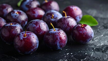 Obraz premium Freshly washed plums glisten with droplets of water on a dark textured surface.