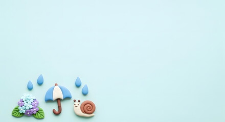 梅雨の紫陽花とカタツムリと傘のかわいいクレイアートフレーム背景