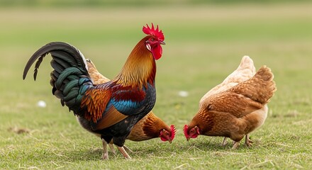 A vibrant rooster with colorful plumage stands with two brown hens in a green field, likely a farm or rural setting