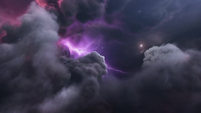 Dramatic Stormy Sky with Lightning Illuminating Dark Clouds at Dusk from a Low Angle Viewpoint