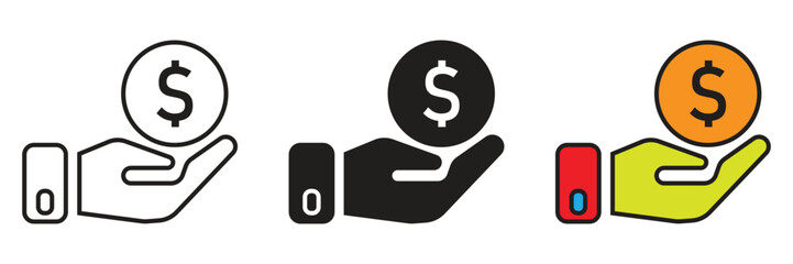 Hand holding a dollar coin icon set representing payment, financial donation, investment returns, money earning, and banking service concepts.