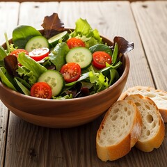 A vibrant salad bowl on a rustic wood table. Fresh greens, sliced cucumbers, and tomatoes are the focus. Sliced bread sits beside the bowl