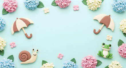 梅雨の紫陽花とカタツムリと傘のかわいいクレイアートフレーム背景