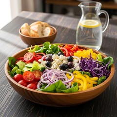 A vibrant salad bowl on a dark wooden table with bread, and a pitcher of water with lemon, capturing a healthy meal