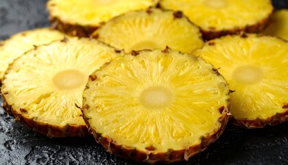 Slices of ripe, golden pineapple are arranged on a textured, dark surface, inviting