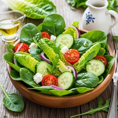 A vibrant salad bowl on wooden surface, featuring spinach, romaine, tomatoes, cucumber, red onion, and crumbled cheese. Dressing on the side