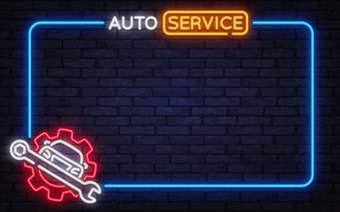 Clean neon vector frame with auto service sign, gear, and wrench icon. Ideal for car maintenance ads, garage branding, and repair promotions.