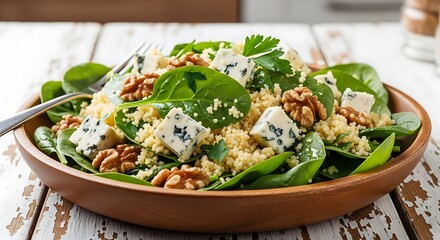 A vibrant salad is presented in a wooden bowl on a weathered table. Fresh greens, blue cheese, and walnuts