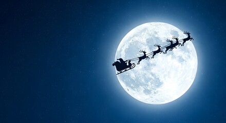 Fototapeta premium Santa Claus flying his sleigh silhouette against a full moon, a magical Christmas night journey concept for the holidays.