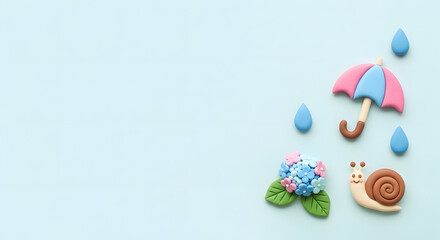 梅雨の紫陽花とカタツムリと傘のかわいいクレイアートフレーム背景