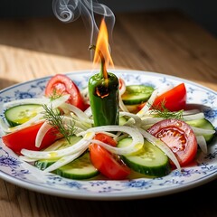 A vibrant salad is presented on a decorative plate, a flaming green chili pepper is the centerpiece