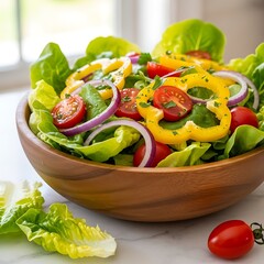 A vibrant salad overflowing a wooden bowl with lettuce, tomatoes, peppers, and red onions. Natural light illuminates the freshness