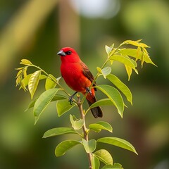 A vibrant scarlet avian perched upon a leafy green branch, its dark eyes keenly observing its surroundings. Blurry background
