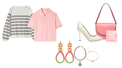 stylish outfit composition featuring a striped sweater, pink polo shirt, white heels, and a trendy pink bag perfect for spring fashion