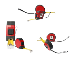 set of red, yellow and black measuring tapes showing different angles and positions used in construction, diy projects, and precision measurement tools
