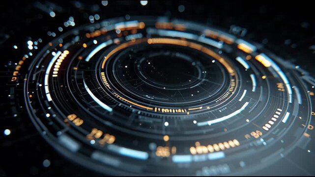 Futuristic holographic HUD elements form a circular display with glowing lines and lights.