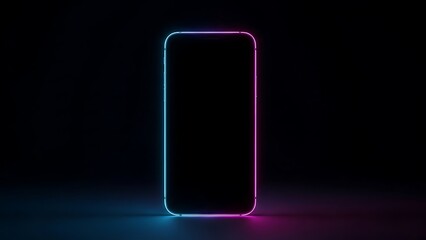 Futuristic neon smartphone outline glowing in dark technology concept background.
