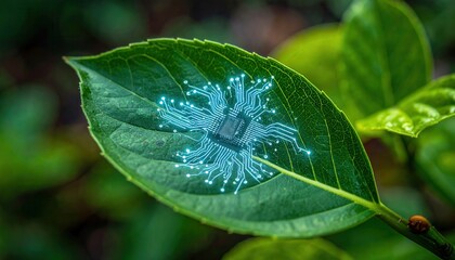 Glowing circuit patterns on a natural leaf.