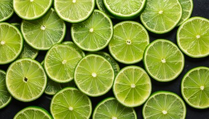 Vibrant close-up showcases numerous fresh, juicy lime slices arranged on a dark surface.
