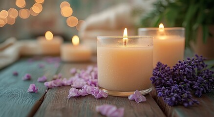 Candles with lavender and scattered petals on wood Image