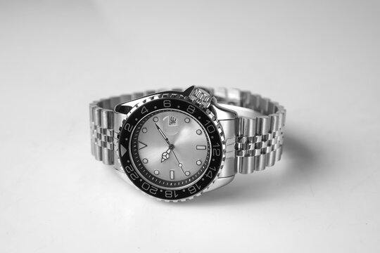 Professional Product Shot of Stainless Steel Watch Isolated on White background