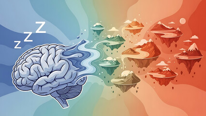 Brain dreaming sleeping zzz thoughts colorful illustration with rainbow background and creative idea generation