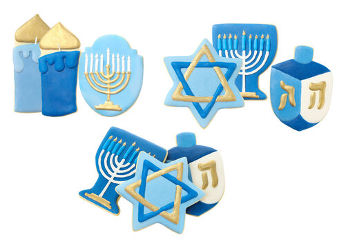 a photograph displaying an assortment of colorful hanukkah cookies, arranged on a black backdrop, ideal for holiday themed graphics and culinary content.