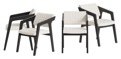 elegant photograph showing four dark wood chairs with white cushioned seats and backs positioned symmetrically to accentuate design and comfort, isolated on a dark background.