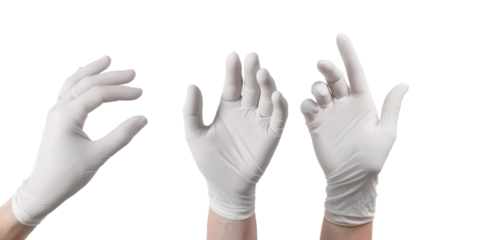 high-angle photograph showcasing three hands adorned with pristine white latex gloves, demonstrating hygiene and protection in a clear studio setting.