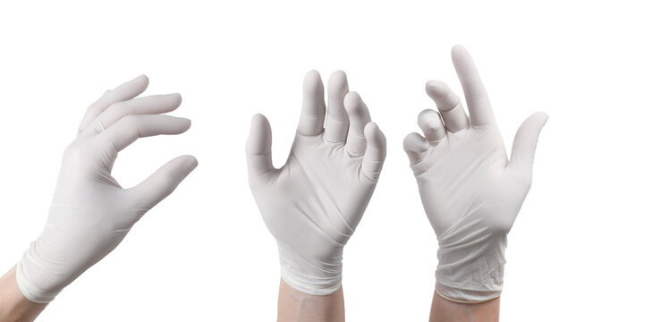 high-angle photograph showcasing three hands adorned with pristine white latex gloves, demonstrating hygiene and protection in a clear studio setting.