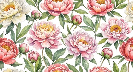 A vibrant, seamless floral pattern featuring watercolor-style peonies in various stages of bloom, with leafy stems