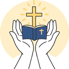 Religious Praise Art with Cross and Open Bible. Perfect for church materials, ministry graphics, and religious inspirational designs. Symbolizing worship, faith, prayer, and devotion