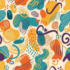A vibrant, seamless pattern features abstract shapes and lines in shades of teal, orange, yellow, purple, and cream