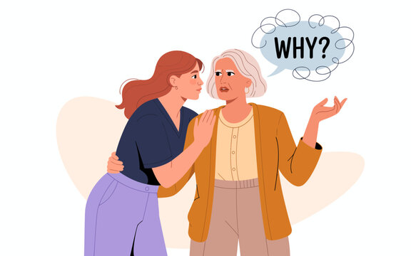 An illustration showing a close interaction between a younger woman and an older woman, capturing a moment of curiosity and concern with expressive emotions in a relatable situation.